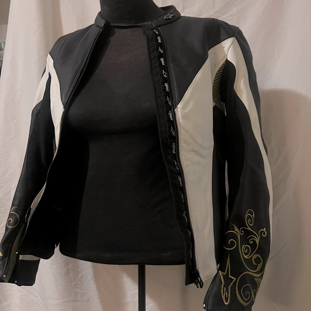 Alpinestars Stella black and white leather motorcycle Jacket
